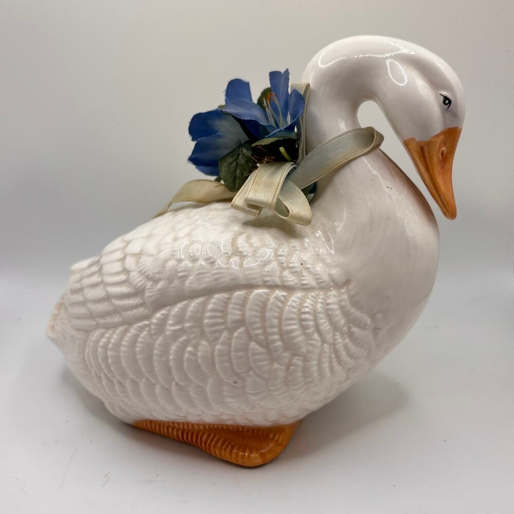 Blue Ribbon Ceramic Goose Detailed Cottage Core Farmhouse Decor Retro Vintage